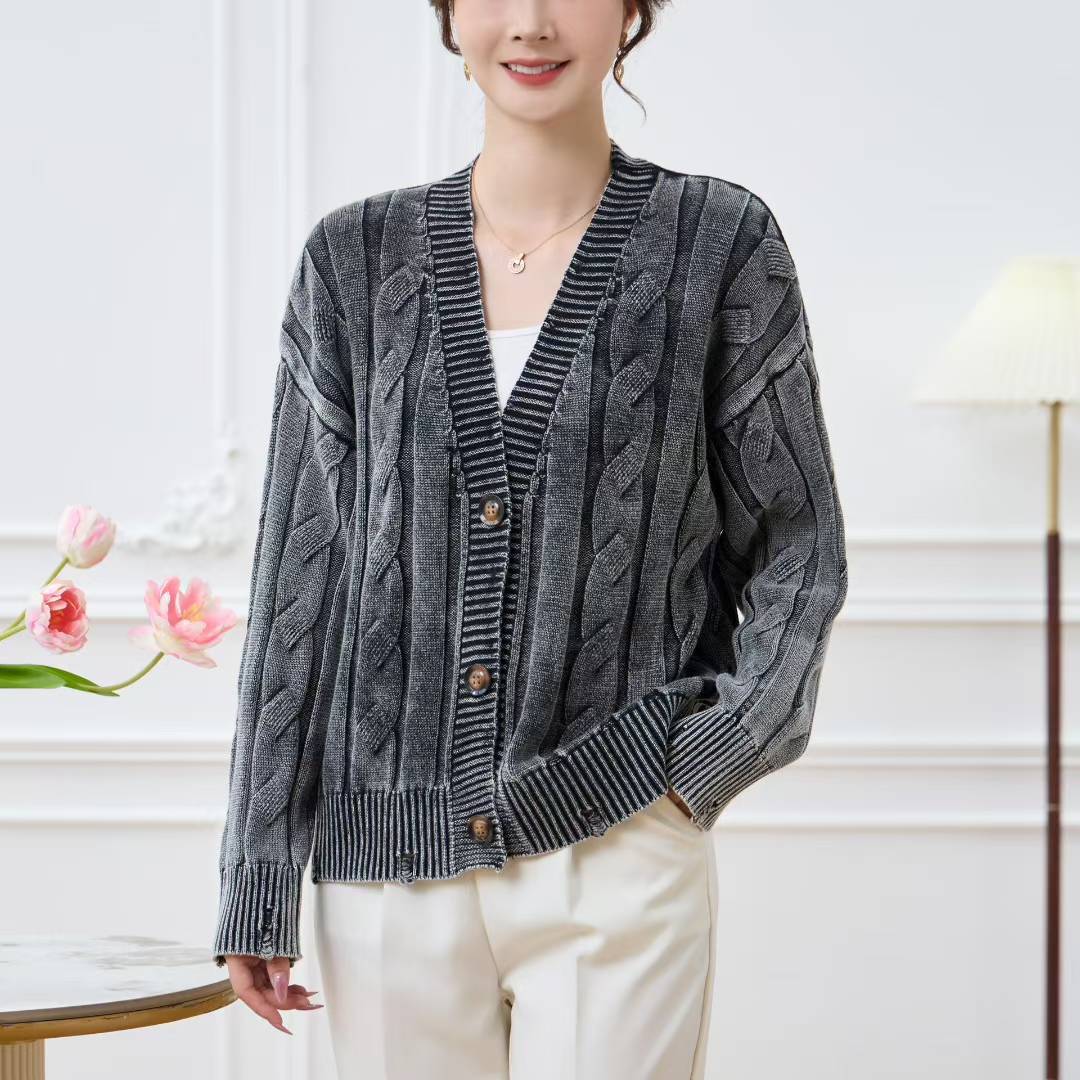 Damen Cardigan Grobstrick V-Ausschnitt Zopfmuster Beige - Eveloria