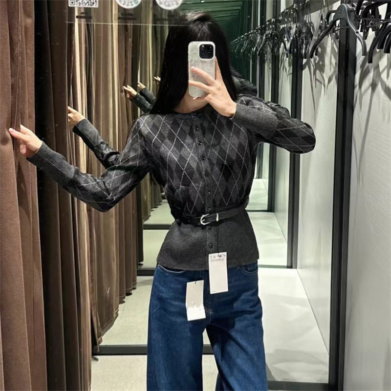 Damen Strickjacke Karomuster Abnehmbarer Gürtel Eveloria - Eveloria