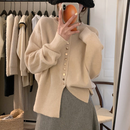 Damen Strickcardigan Lässiger Schnitt Dekorative Knöpfe Beige
