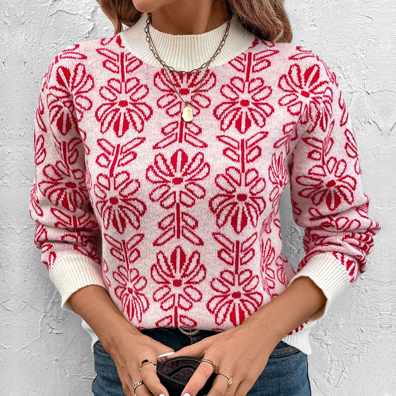 Damen Strickpullover Floralmuster Stehkragen - Eveloria