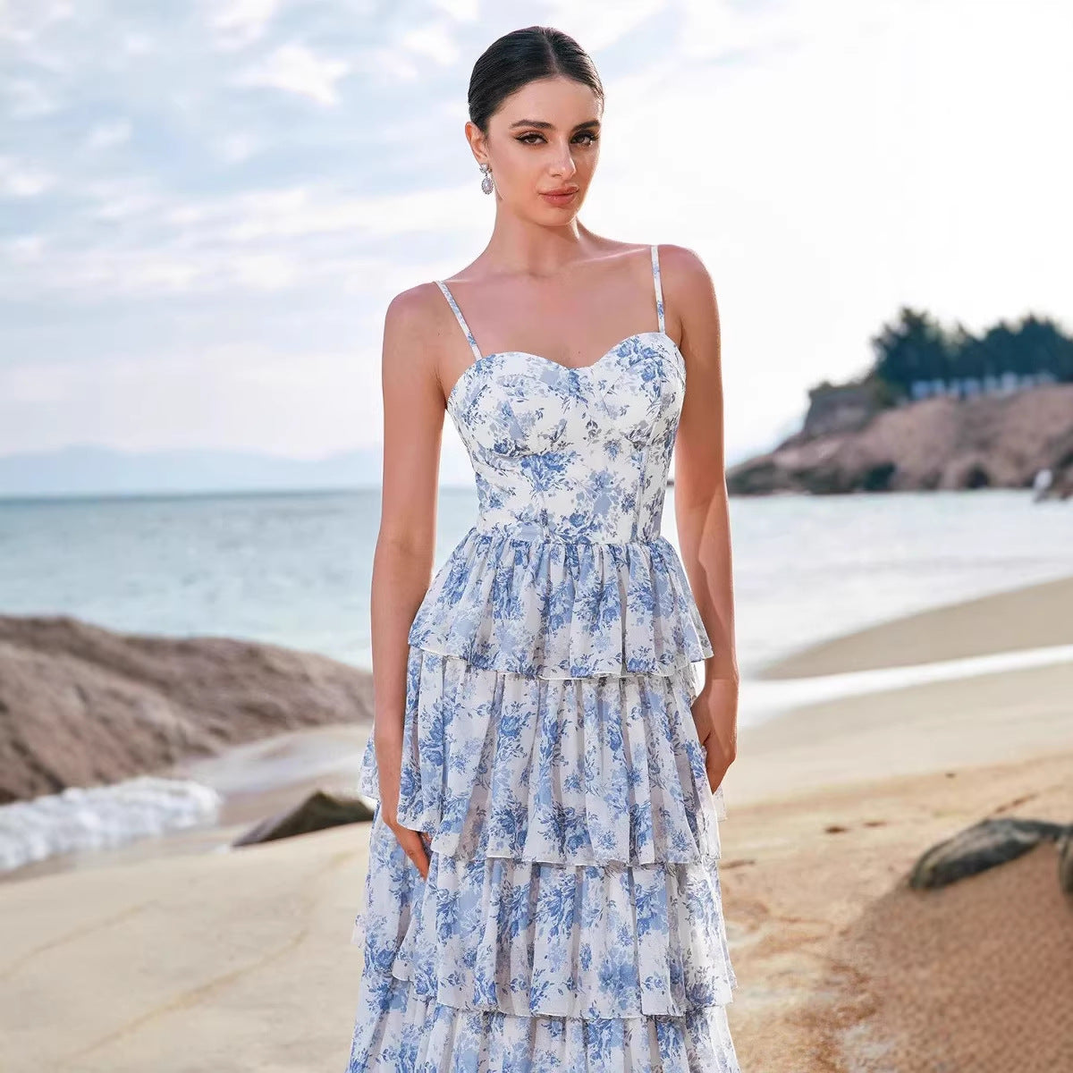 Damen Maxikleid Boho-Stil Floralmuster Herz-Ausschnitt