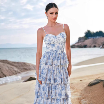Damen Maxikleid Boho-Stil Floralmuster Herz-Ausschnitt