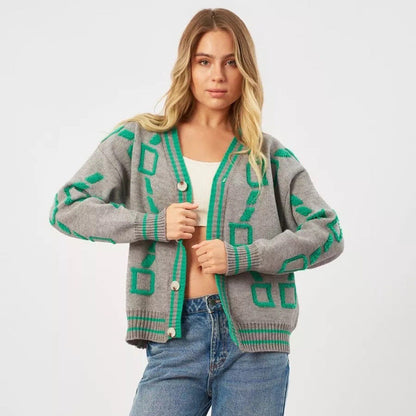 Damen Strickjacke Bunt Geometrisches Muster Knöpfe Eveloria