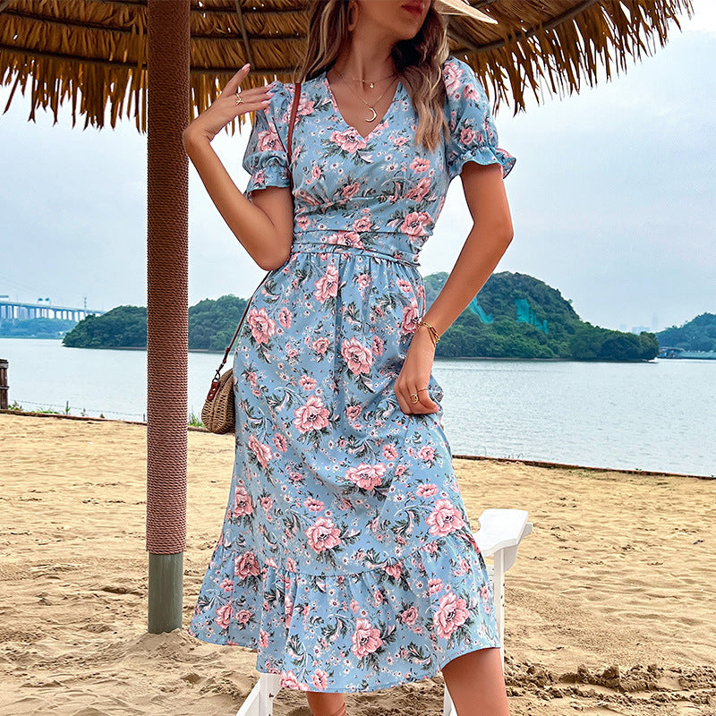 Damen Midikleid Floral Rüschendetails Taillierung