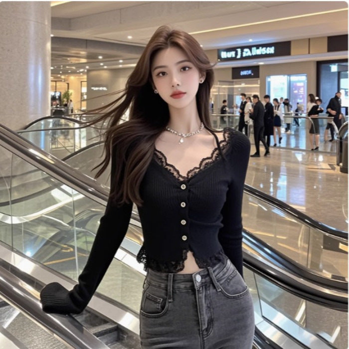Damen Langarmshirt Spitzenbesatz Elegantes Weißen