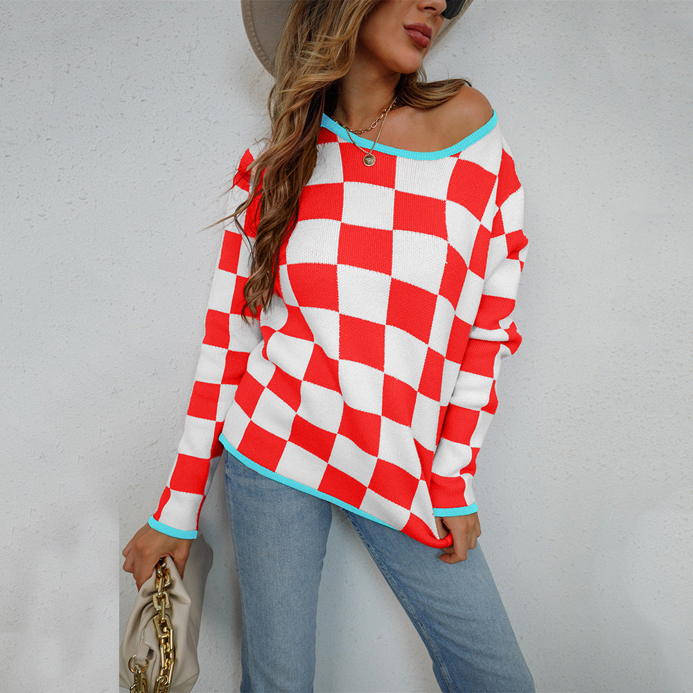 Damen Pullover Checkerboard Muster Grau Eveloria