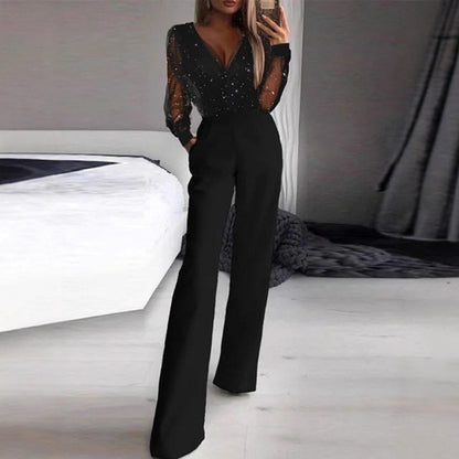 Damen Jumpsuit Transparente Bluse Schimmernde Akzente Eveloria