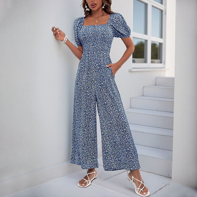 Damen Jumpsuit Elastischer Bund Puffärmel Eveloria