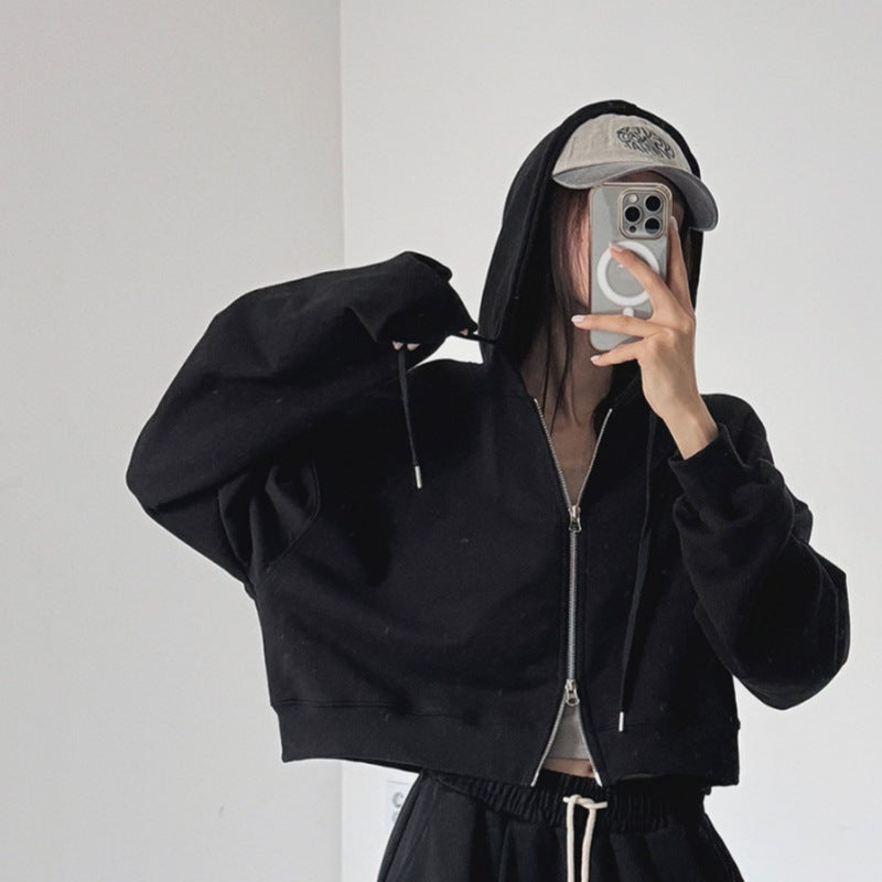 Damen Cropped Kapuzenjacke Reißverschluss Elastisch Eveloria