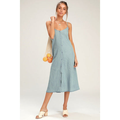 Damen Midi-Kleid Knopfleiste Spagettiträger Eveloria - Eveloria