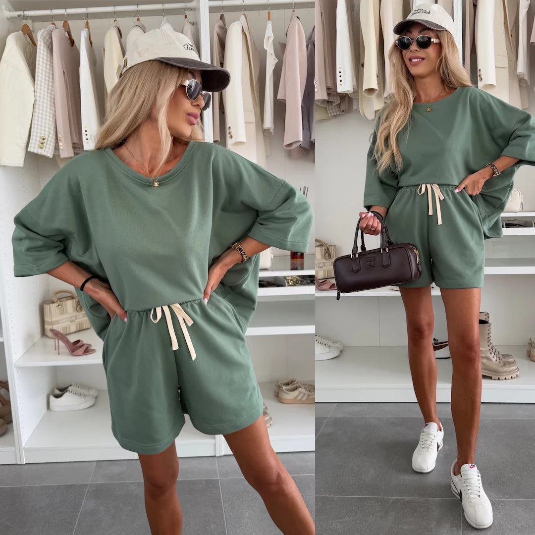 Damen Oversize T-Shirt Set mit Shorts und verstellbarem Taillenzug