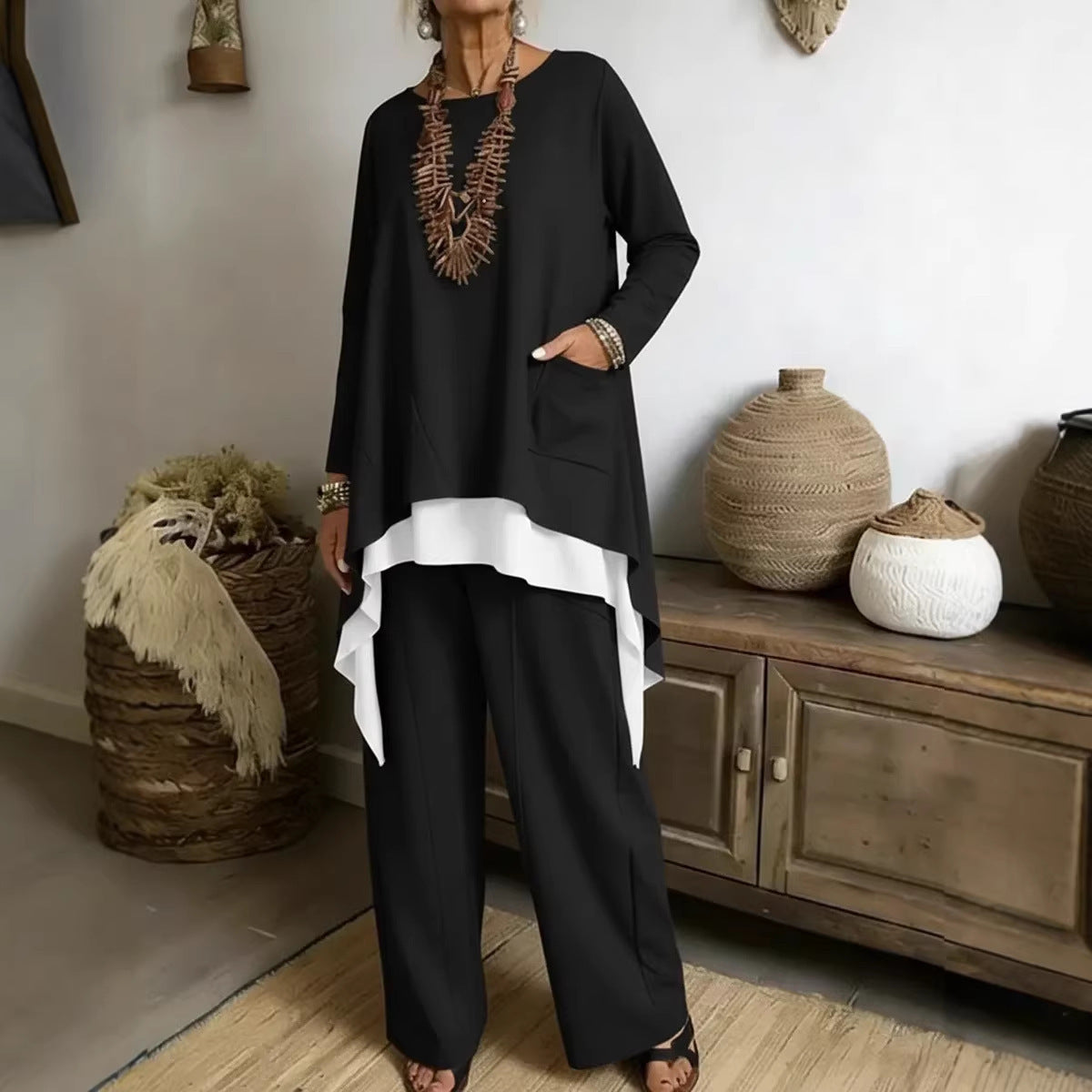 Damen Ensemble Asymmetrisches Oberteil Weite Hose Eveloria