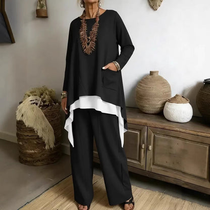 Damen Ensemble Asymmetrisches Oberteil Weite Hose Eveloria