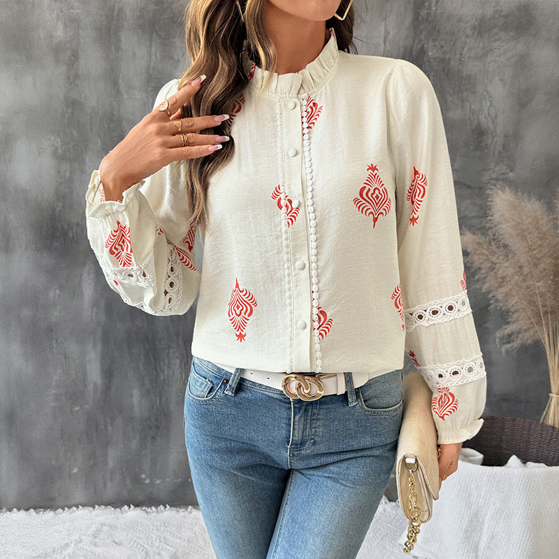 Damen Bluse Rüschendetails Stickerei