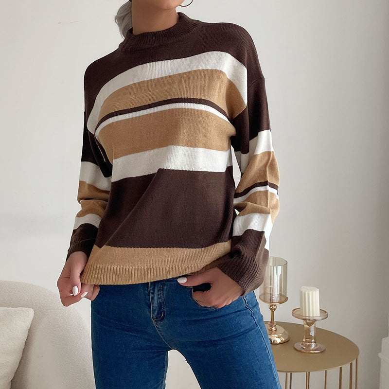 Damen Strickpullover Farbiges Streifenmuster Hoher Kragen - Eveloria