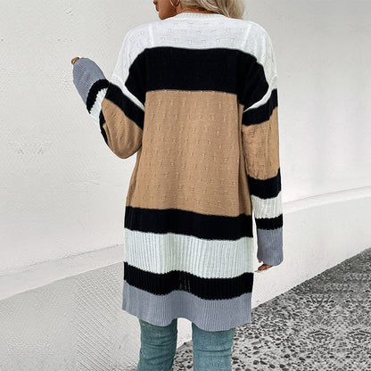 Damen Strickcardigan Lang Streifenmuster Taschen Beige