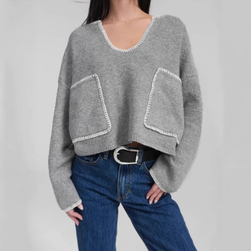 Damen Cropped Pullover Asymmetrisch mit Taschen Eveloria