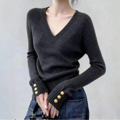 Damen Pullover V-Ausschnitt Feinripp mit Knöpfen Elegantes Design