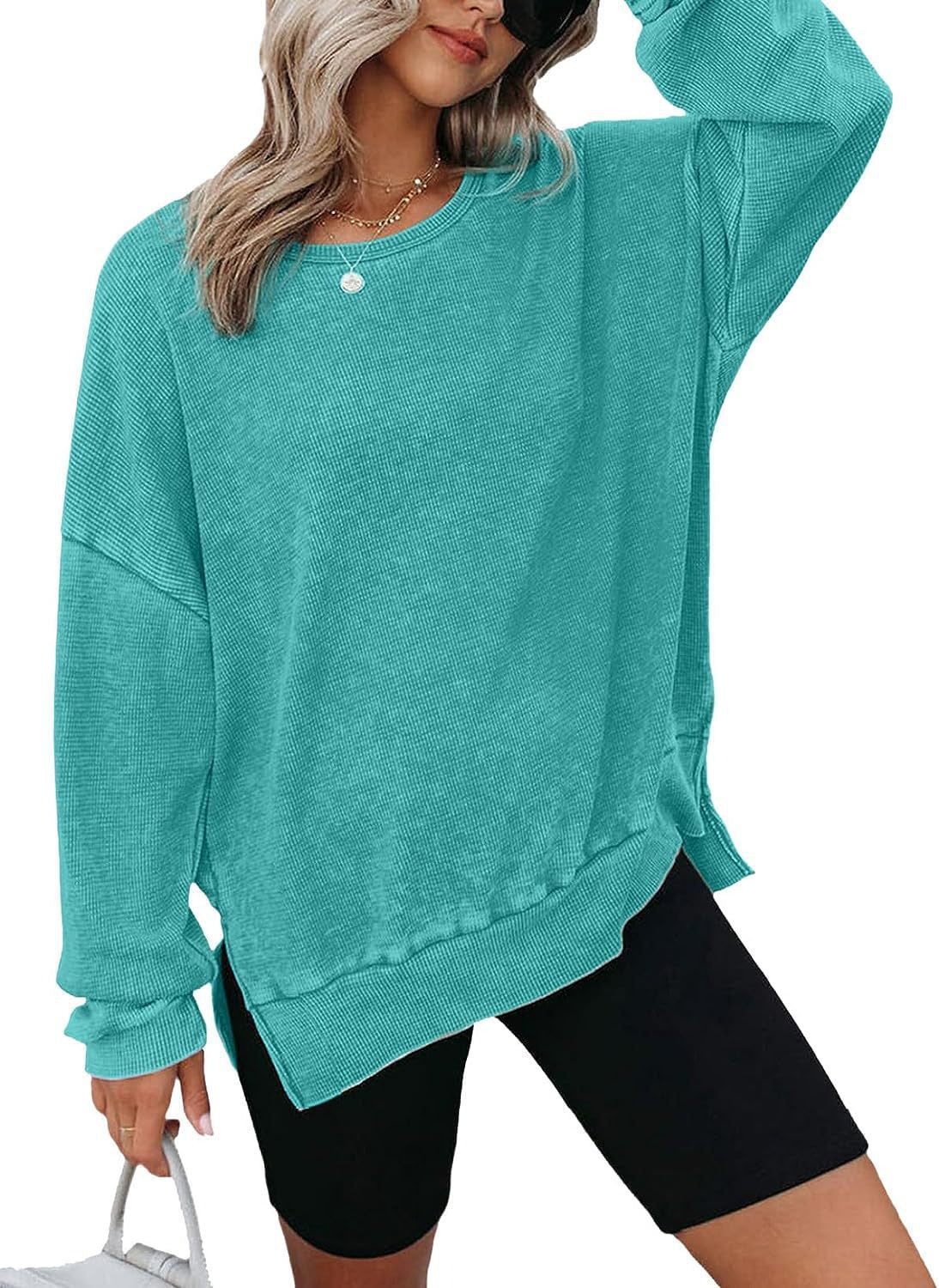 Damen Waffelpullover Lässig Mit Seitenschlitzen Grau Eveloria