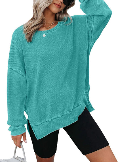 Damen Waffelpullover Lässig Mit Seitenschlitzen Grau Eveloria
