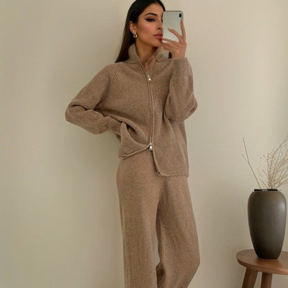 Damen Strickjacke mit Reißverschluss und Hose Schwarz - Eveloria