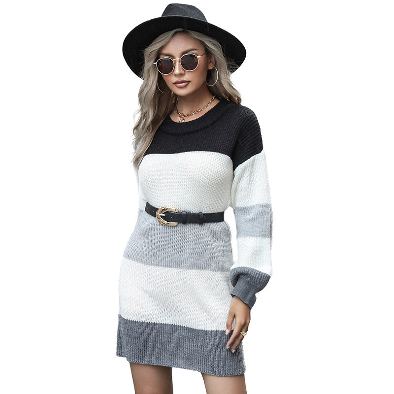Damen Strickkleid Blockstreifen Gürtel