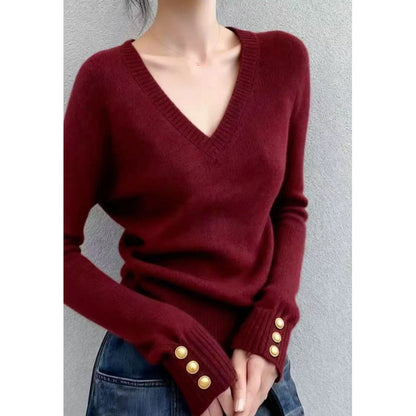 Damen Pullover V-Ausschnitt Feinripp mit Knöpfen Elegantes Design