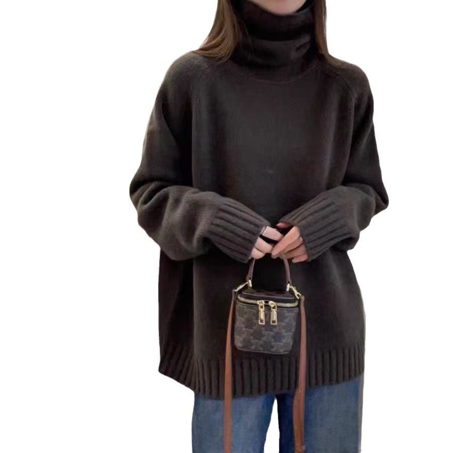 Damen Grobstrickpullover Stehkragen Schlitzen