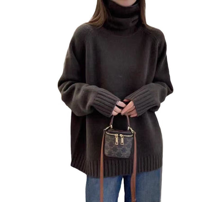 Damen Grobstrickpullover Stehkragen Schlitzen