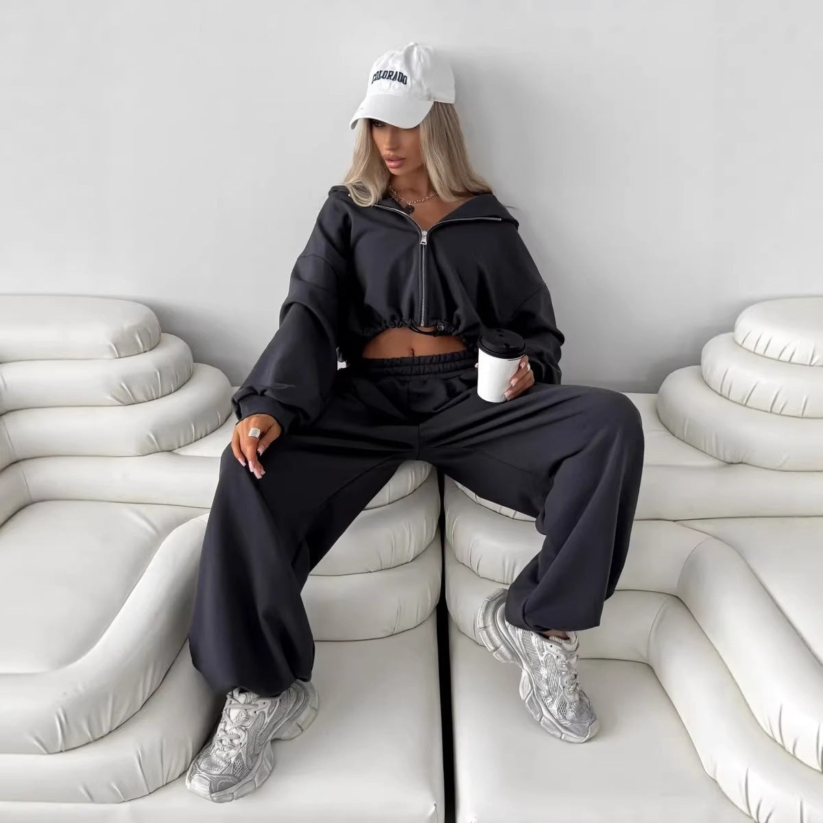 Damen Hoodie Jogginganzug Baumwolle Bequem Grau