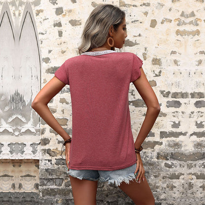 Damen Kurzarmshirt Rüschendetails Kreatives Knopfdesign Weiß Eveloria