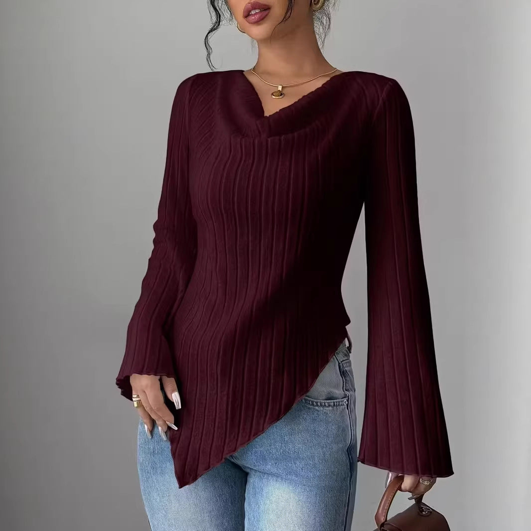 Damen Oberteil Langärmlig Asymmetrisch Rippdesign Eveloria