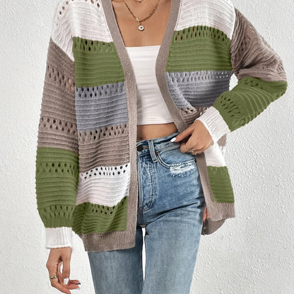 Damen Strickcardigan Groß Lochmuster Farbblockdesign Eveloria