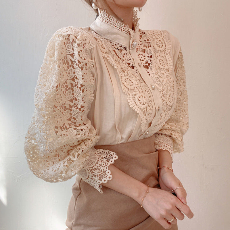 Damen Spitzenbluse Hochkragen Elegant Weiß