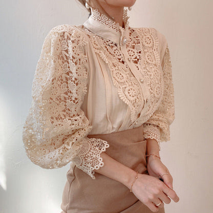 Damen Spitzenbluse Hochkragen Elegant Weiß
