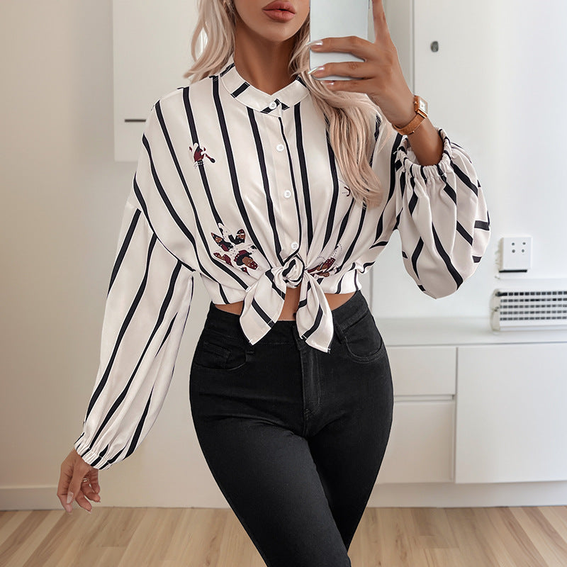 Damen Bluse Streifen Stickerei Puffärmel Elegante Bluse