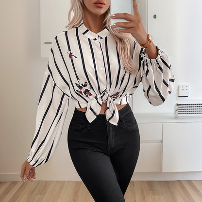 Damen Bluse Streifen Stickerei Puffärmel Elegante Bluse