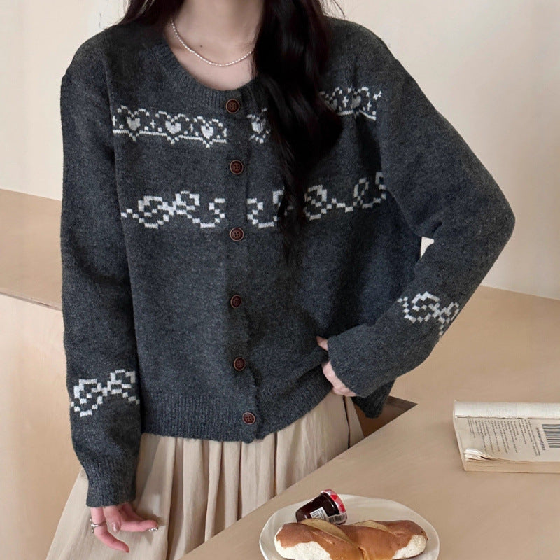 Damen Strickcardigan Holzknöpfe Traditionelle Muster Beige - Eveloria