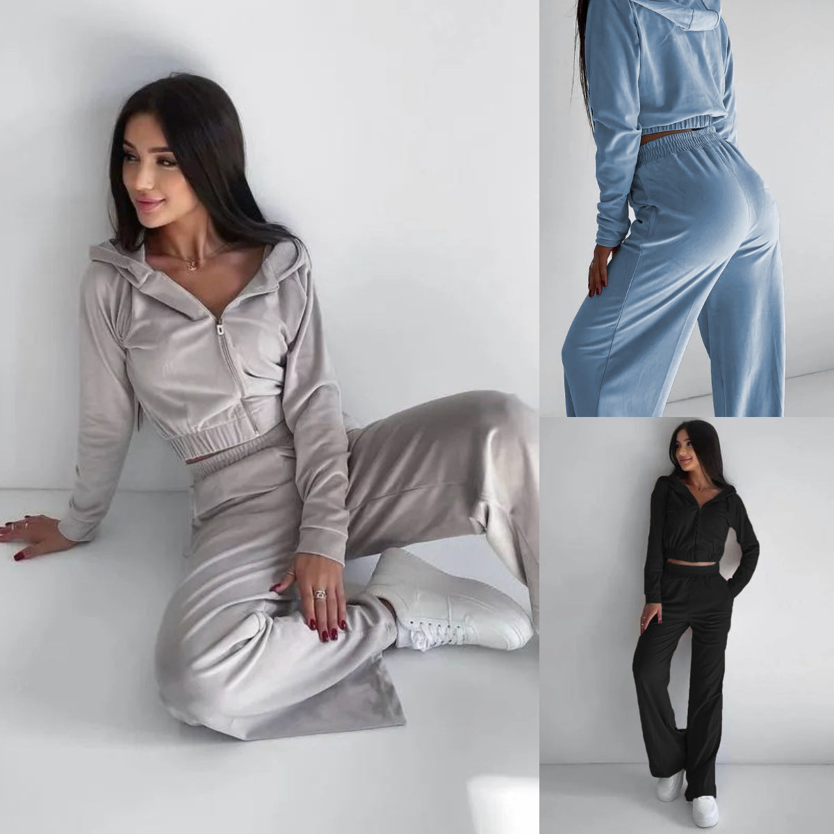 Damen Velours Loungewear Set Cropped Jacke Bequeme Hose Schwarz - Eveloria