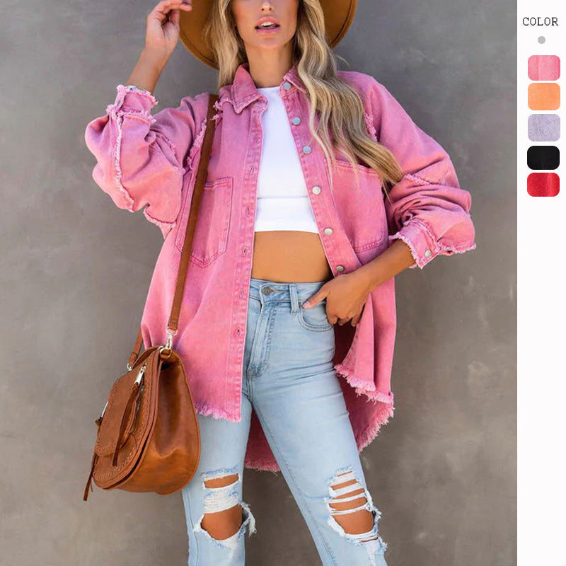 Damen Oversized Denim-Hemd mit Fransen - Eveloria