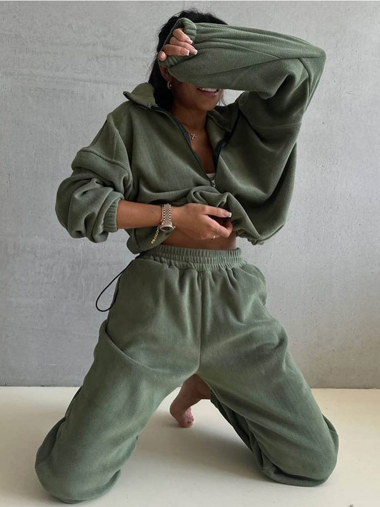 Damen Fleece-Loungewear-Set Elastisch Halbzippverschluss Grau