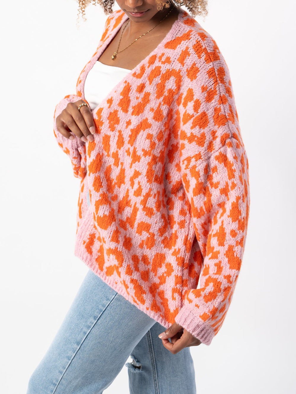 Damen Strickjacke Leopardenmuster Oversized Voluminöse Ärmel