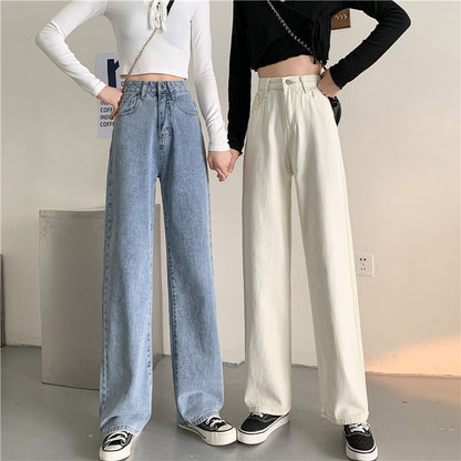 Damen Highwaist Jeans Weit Bequem Blau Eveloria