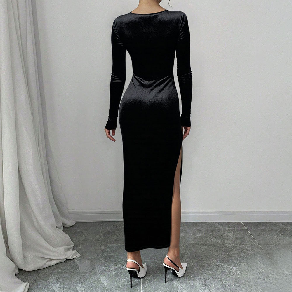 Damen Samt Maxikleid V-Ausschnitt Elegant Eveloria