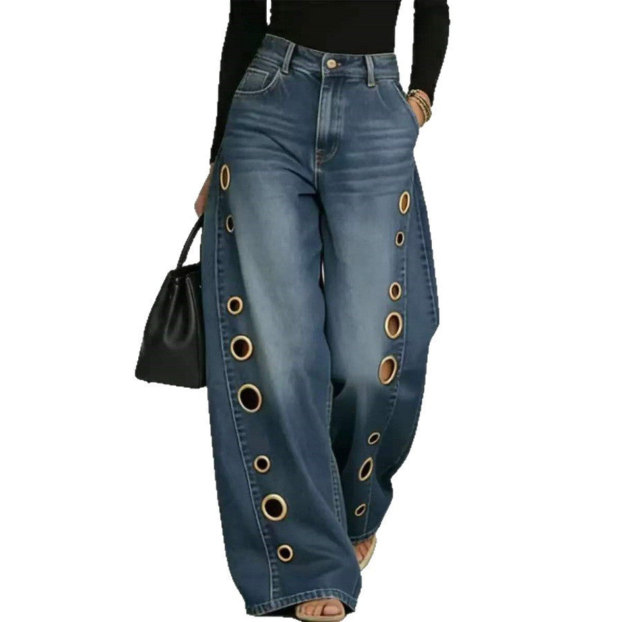 Damen Weite Jeans Dekorative Ösen Hoher Bund Blau Eveloria