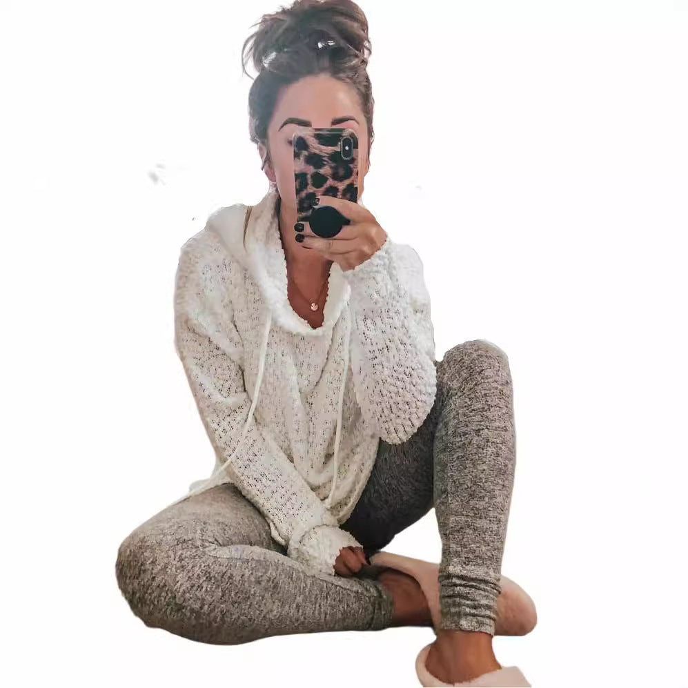 Damen Strickpullover Kapuze Luftig Grau Eveloria