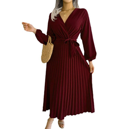 Damen Wickelkleid Faltenrock Langer Arm Eveloria