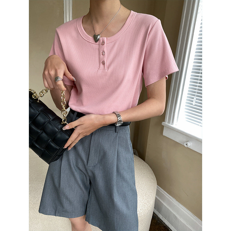 Damen Kurzarm Henley-Shirt mit Knöpfen Eveloria