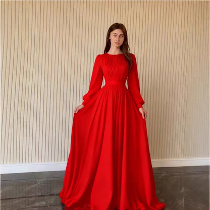 Damen Langkleid mit Taillenband und Ballonärmeln Eveloria