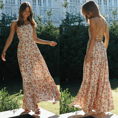 Damen Maxikleid Blumenprint Spitzen-Träger Pastell - Eveloria